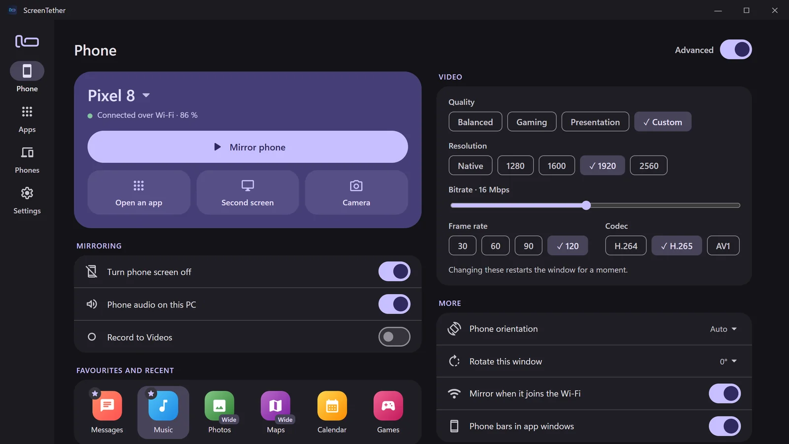 Advanced mode with video quality, resolution, bitrate, frame rate and codec