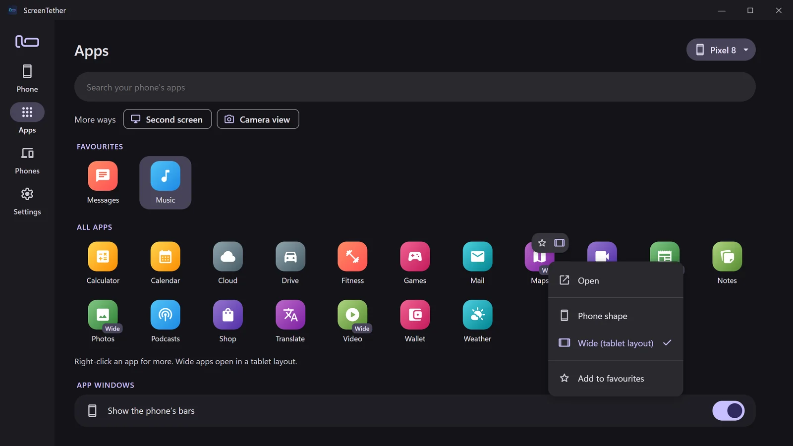 The Apps page with the right-click menu: Open, Phone shape, Wide (tablet layout), Add to favourites