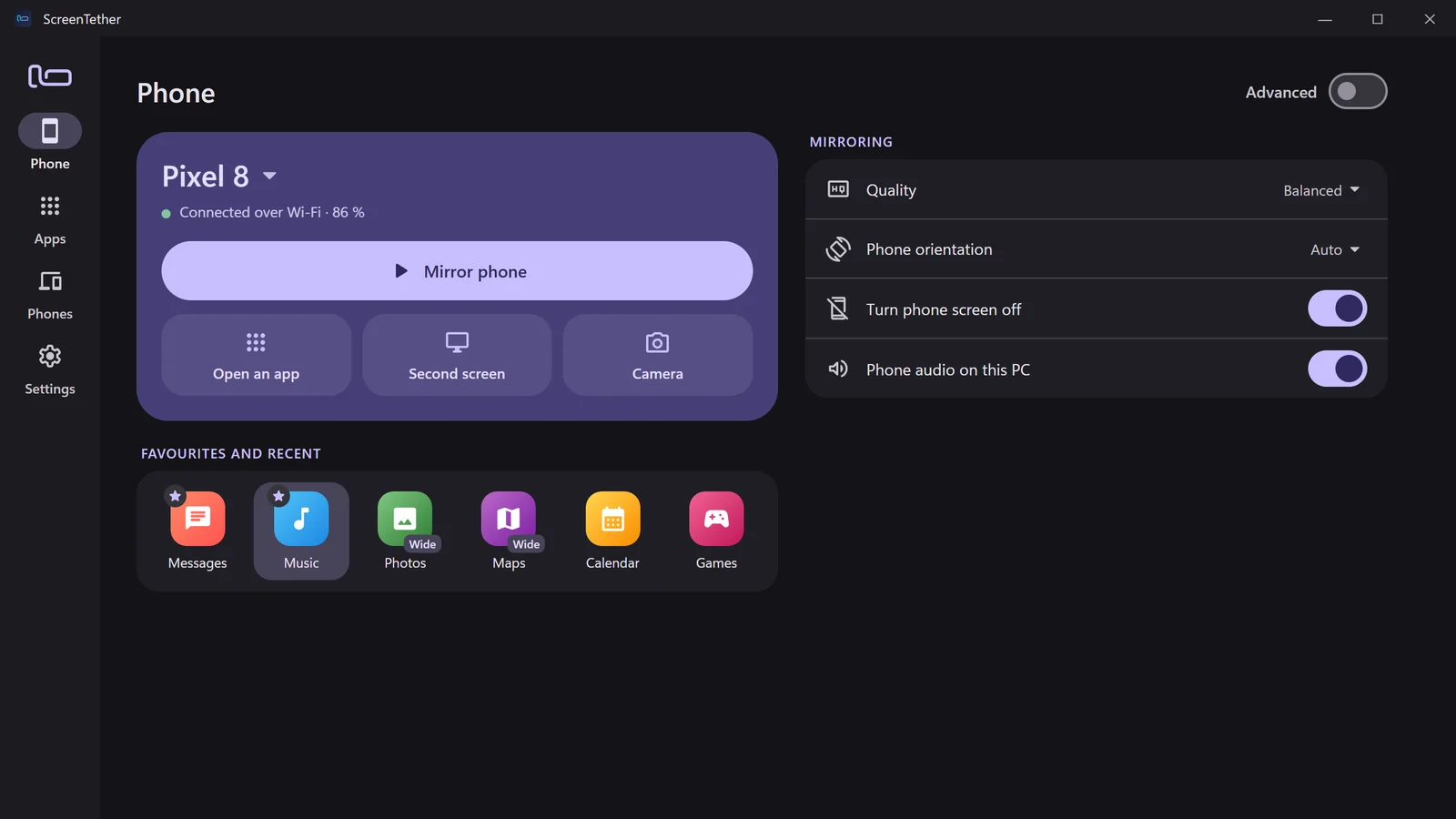 ScreenTether on Windows: the phone page with Mirror phone, Open an app, Second screen and Camera