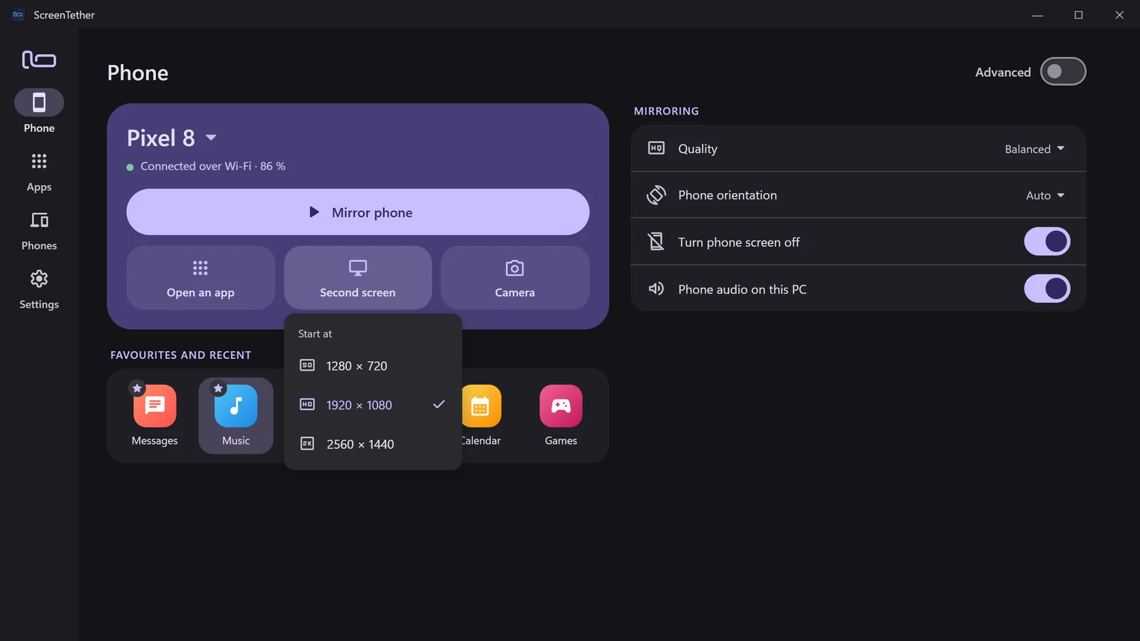 The Second screen menu with 1280 × 720, 1920 × 1080 and 2560 × 1440