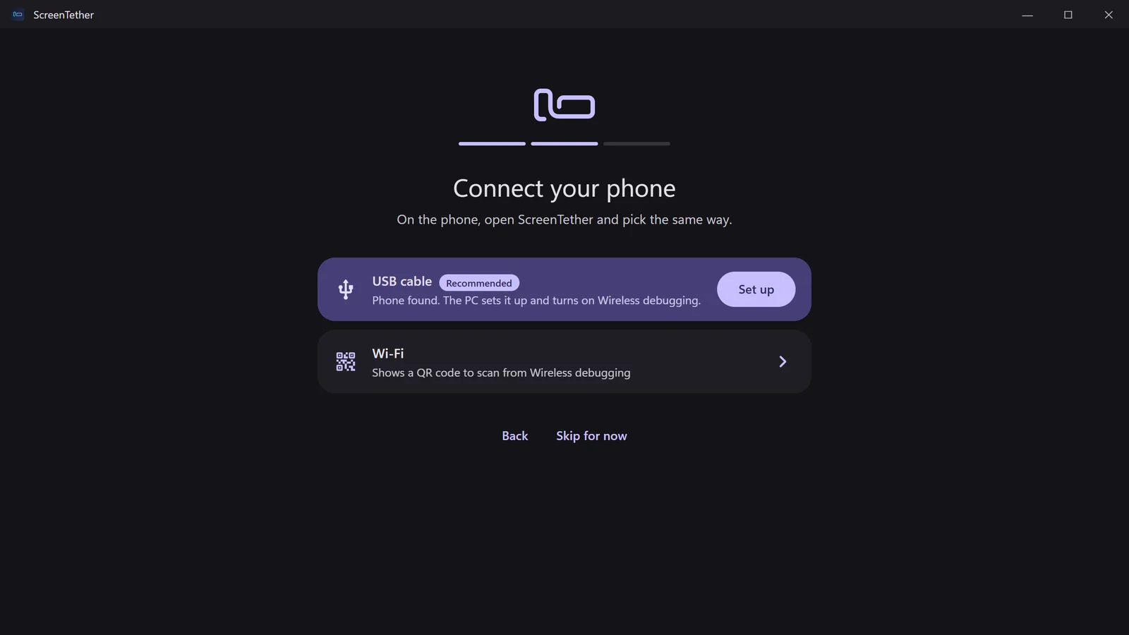 First-run welcome: Connect your phone, with USB cable (recommended) and Wi‑Fi